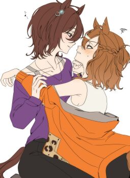 2girls agnes_tachyon_(umamusume) animal_ears black_pants blush braid brown_eyes brown_hair commentary eighth_note eong_1009 half_up_braid hashtag-only_commentary highres holding_hands hood hoodie horse_ears horse_girl horse_tail interlocked_fingers jungle_pocket_(umamusume) medium_hair multiple_girls musical_note orange_hoodie pants parted_lips purple_shirt red_eyes shirt simple_background smile squiggle tail tank_top umamusume white_background white_tank_top yuri