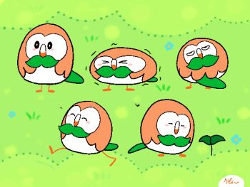 >_< ^_^ animal_focus animated animated_gif bird blush closed_eyes commentary creature english_commentary explosion full_body gen_7_pokemon grass keke_(kokorokeke) nintendo no_humans owl plant pokemon pokemon_(creature) rowlet signature spinning trembling walking wings