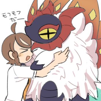 +_+ 1girl blush braid brown_hair bug closed_eyes collared_shirt cross-shaped_pupils han0579 highres holding hug insect juliana_(pokemon) moth naranja_academy_school_uniform necktie nintendo open_mouth pokemon pokemon_(creature) pokemon_sv school_uniform shirt simple_background slither_wing smile symbol-shaped_pupils white_background white_fur white_shirt yellow_eyes