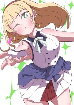 1girl ;o absurdres blonde_hair blurry blurry_foreground blush breasts clothes_around_waist commentary costume_request cowboy_shot depth_of_field dhuno_g dress foreshortening gloves green_eyes hairband hashtag-only_commentary heanna_sumire highres jacket jacket_around_waist long_hair looking_at_viewer love_live! love_live!_superstar!! medium_breasts official_alternate_costume one_eye_closed pleated_dress red_hairband short_dress solo sparkle_background white_background white_dress white_gloves