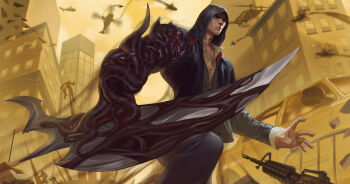 Rule 34 | 1boy, absurdres, aircraft, alex mercer, arm blade, black hair, black jacket, building, car, city, commentary, english commentary, foreshortening, from below, helicopter, highres, hood, hood up, hoodie, jacket, juan silva, male focus, motor vehicle, partially open shirt, pectoral cleavage, pectorals, people, prototype (game), road, shirt, short hair, spikes, street, tendril, tentacles, weapon, white shirt