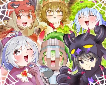 1boy 5girls animal_costume aussa_(yu-gi-oh!) aussa_the_earth_charmer black_eyes black_hair blue_hair bow brown_eyes brown_hair commentary_request cosplay dharc_(yu-gi-oh!) dharc_the_dark_charmer dragon_costume duel_monster eria_(yu-gi-oh!) eria_the_water_charmer everyone glasses green_hair halloween highres hiita_(yu-gi-oh!) hiita_the_fire_charmer holding holding_polearm holding_weapon lyna_(yu-gi-oh!) lyna_the_light_charmer mimighoul_archfiend mimighoul_archfiend_(cosplay) mimighoul_armor mimighoul_armor_(cosplay) mimighoul_dragon mimighoul_dragon_(cosplay) mimighoul_fairy mimighoul_fairy_(cosplay) mimighoul_master mimighoul_master_(cosplay) mimighoul_slime mimighoul_slime_(cosplay) multiple_girls one_eye_closed open_mouth p-b-c_(dark_matter_kakine) polearm red_eyes smile sweatdrop weapon wynn_(yu-gi-oh!) wynn_the_wind_charmer yu-gi-oh!