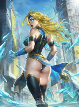 1girl artist_name ass back bare_shoulders black_leotard black_lips black_thighhighs blonde_hair blondynkitezgraja blue_eyes blue_hair blue_leotard breasts building city clenched_hand from_behind gloves glowing glowing_eyes gold_trim gradient_hair headband highres ice large_breasts leotard lips lipstick long_hair looking_at_viewer looking_back makeup multicolored_hair original outdoors pelvic_curtain signature sky sleeveless solo standing superhero_costume thighhighs thighs two-tone_hair wind