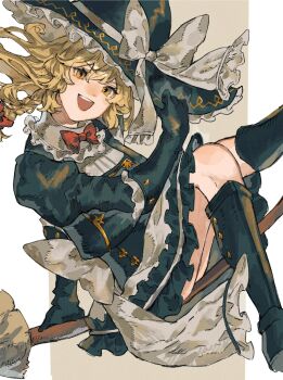 1girl :d absurdres alternate_costume apron black_boots black_gloves black_shirt black_skirt blonde_hair boots braid broom broom_riding elbow_gloves frills gloves hair_ribbon hand_on_headwear hat highres kirisame_marisa knee_boots legs long_hair looking_at_viewer oftooon open_mouth ribbon shirt skirt smile solo teeth thighs touhou upper_teeth_only witch_hat yellow_eyes