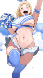 Rule 34 | 1girl, blonde girl (okpriko), blonde hair, blue eyes, blush, breasts, cheering, cheerleader, crop top, hairband, highres, holding, holding pom poms, large breasts, looking at viewer, miniskirt, navel, okpriko, one eye closed, open mouth, original, pleated skirt, pom pom (cheerleading), pom poms, short hair, simple background, skirt, smile, solo, sweat, underboob, white background