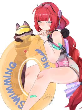 Rule 34 | 1girl, bandaid, bandaid on leg, bare shoulders, blue eyes, blush, braid, braided twintails, closed mouth, commentary request, eyewear on head, facial mark, feet out of frame, hair ornament, hearing aid, heart, heart-shaped eyewear, heart facial mark, highres, invisible chair, kamanosuke (zenless zone zero), long hair, looking at viewer, official alternate costume, one-piece swimsuit, pink one-piece swimsuit, red hair, samejimamayu, simple background, sitting, sphere hair ornament, sweat, swim ring, swimsuit, tanuki, two-tone one-piece swimsuit, ukinami yuzuha, ukinami yuzuha (tanuki in broad daylight), v-shaped eyebrows, white background, zenless zone zero