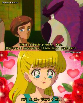 Rule 34 | 1990s (style), 1girl, 2boys, barbie (character), barbie (franchise), blonde hair, blue eyes, brenni murasaki, brown hair, dress, flower, highres, ken (barbie), long hair, looking at viewer, lots-o'-huggin' bear, makeup, multiple boys, pink lips, retro artstyle, short hair, smile, toy story, toy story 3