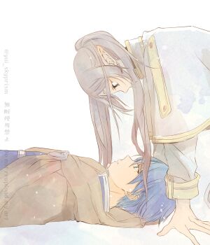 1boy 1girl blue_eyes blue_hair blue_jacket capelet earrings elf frieren gold_trim green_eyes grey_cloak grey_hair hair_between_eyes highres himmel_(sousou_no_frieren) jacket jewelry leaning_forward long_hair looking_at_another lying mole mole_under_eye on_back parted_bangs pointy_ears short_hair sousou_no_frieren thick_eyebrows twintails twitter_username upper_body white_background white_capelet white_jacket yui_skyprism