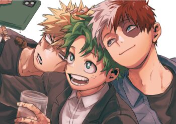 3boys bakugou_katsuki black_shirt blazer blonde_hair blue_eyes boku_no_hero_academia burn_scar cellphone closed_mouth collared_shirt commentary_request eating green_eyes green_hair grey_eyes hana_(dkrnn) heterochromia holding holding_phone jacket light_smile looking_at_phone male_focus midoriya_izuku multicolored_hair multiple_boys open_mouth phone red_hair scar scar_on_face selfie shirt short_hair simple_background smartphone spiked_hair split-color_hair todoroki_shoto two-tone_hair white_background white_hair white_shirt