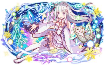 1boy 1girl animal_ear_fluff anime_coloring aqua_eyes aqua_pupils arm_up artist_request bag bare_shoulders black_ribbon blunt_bangs boots braid breasts bright_pupils cat cleavage coattails collar crash_fever crown_braid crystal detached_sleeves dot_nose dress earrings elf emilia_(re:zero) flower fluff front_slit full_body furisode_sleeves game_cg gold_earrings grey_cat grey_fur grey_hair grey_tail hair_ornament hair_ribbon hand_on_own_chest ice jewelry lace lace-trimmed_collar lace-trimmed_sleeves lace-trimmed_thighhighs lace_trim large_breasts lens_flare light_particles long_hair long_sidelocks long_sleeves looking_at_viewer number_print numbered official_art official_style open_hand open_mouth outline pleated_skirt pointy_ears print_boots puck_(re:zero) purple_thighhighs re:zero_kara_hajimeru_isekai_seikatsu red_outline ribbon sidelocks simple_background one_ear_down single_earring skirt smile snow snowflakes solo solo_focus sparkle spirit square square_print tachi-e thick_eyebrows thigh_boots thighhighs thighs third-party_source transparent_background two-tone_fur two-tone_tail underbust v-shaped_eyebrows very_long_hair white_boots white_collar white_dress white_flower white_fur white_skirt white_tail wide_sleeves x_hair_ornament