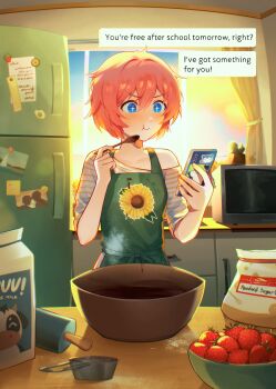 +_+ 1girl :t absurdres alternate_costume apron baking batter blue_eyes blush bowl brand_name_imitation cactus cellphone chain character_sticker commentary curtains doki_doki_literature_club drawer drink_carton english_commentary english_text eyelashes food food_on_clothes fruit gen_1_pokemon green_apron hair_between_eyes hair_intakes highres holding holding_phone holding_spoon indoors kitchen magnet measuring_cup microwave milk_carton mixing_bool nintendo phone photo_(object) pink_hair plant pokemon potted_plant powdered_sugar refrigerator refrigerator_magnet rolling_pin sayori_(doki_doki_literature_club) second-party_source shirt short_hair single_bare_shoulder sink smartphone snorlax solo spoon star_(symbol) sticker strawberry striped_clothes striped_shirt text_messaging upper_body widvnhak window