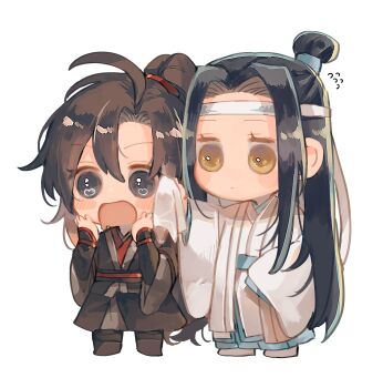 2boys absurdres ahoge amana_raika black_boots black_eyes black_hair black_hanfu blush blush_stickers boots brown_hair chibi chibi_only chinese_clothes closed_mouth drooling flying_sweatdrops full_body hands_on_own_cheeks hands_on_own_face hanfu headband heart heart-shaped_pupils highres holding holding_towel lan_wangji long_hair long_sleeves looking_at_another male_focus modao_zushi multiple_boys open_mouth ponytail red_sash robe saliva sash sidelocks simple_background smile standing symbol-shaped_pupils topknot towel very_long_hair wei_wuxian white_background white_boots white_hanfu white_headband wide_sleeves wiping_face yellow_eyes