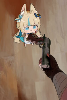 Rule 34 | 1girl, ahoge, animal ear fluff, animal ears, blonde hair, blue eyes, blue hair, cat ears, chibi, dress, fins, fish girl, fish tail, go do a crime (meme), gun, handgun, highres, holding, holding gun, holding gun barrel, holding weapon, indie virtual youtuber, long hair, long sleeves, low twintails, meme, multicolored hair, nash65, one side up, pov, sameko saba, streaked hair, tail, twintails, very long hair, virtual youtuber, weapon, white dress