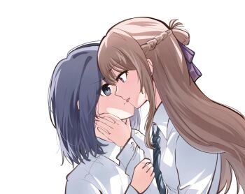 2girls blue_hair blue_necktie braid brown_hair commentary earrings eye_contact half_up_braid hashtag-only_commentary highres jewelry licking licking_another&#039;s_face licking_another&#039;s_lips long_hair looking_at_another medium_hair mim120809 miyagi_shiori multiple_girls necktie purple_eyes revision sendai_hazuki shirt shuuniichido_classmate_wo_kau_hanashi sidelocks simple_background white_background white_shirt yuri