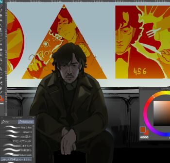 Rule 34 | 1boy, adobe photoshop, airport, art program in frame, bags under eyes, beard stubble, black coat, black eyes, black vest, circle, coat, commentary, downcast eyes, english commentary, facial hair, fork, frown, hands on lap, holding, holding fork, holding knife, holding own hand, knife, male focus, markkrpg, messy hair, mustache, official alternate costume, photoshop (medium), pointing, popped collar, red hair, scar, scar on face, screencap, seong gi-hun, serious, shapes, shirt, short hair, sitting, solo, square, squid game, stubble, trench coat, triangle, vest, white shirt