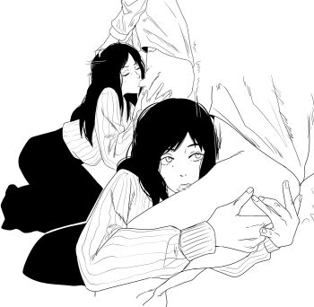 Rule 34 | 1boy, 1girl, censored, chainsaw man, closed eyes, fellatio, greyscale, hand on another's head, hetero, highres, knew nothing, long hair, long skirt, mole, mole under eye, monochrome, mosaic censoring, multiple moles, multiple views, oral, penis, santa claus (chainsaw man), shirt, skirt, sweater