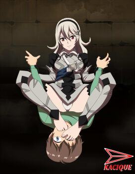 Rule 34 | 1boy, 1girl, artist name, barefoot, blue eyes, brown hair, closed mouth, feet, female corrin (fire emblem), fire emblem, fire emblem fates, fire emblem if, foot focus, grey hair, hairband, highres, indoors, kacique, long hair, nintendo, one eye closed, open mouth, panties, red eyes, short hair, slit pupils, toes, underwear