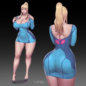 Rule 34 | 1girl, areola slip, ass, back, blue dress, blue eyes, breasts, cleavage, collarbone, dress, eyeshadow, feet, large breasts, lips, makeup, median furrow, mole, mole under mouth, original, pinkdrawz, platform heels, ponytail, purple eyeshadow, samus aran, see-through clothes, see-through footwear, short dress, shoulder blades, sidelocks, skin tight, solo, thick thighs, thighs