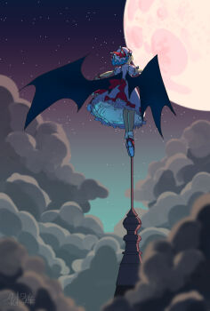 1girl back_bow bat_wings blue_hair bow cloud commentary_request doggo_1d34 full_moon hat hat_ribbon highres looking_at_viewer looking_back mob_cap moon night outstretched_arms pink_hat pink_shirt pink_skirt puffy_short_sleeves puffy_sleeves red_bow red_eyes red_shoes remilia_scarlet ribbon shirt shoes short_hair short_sleeves skirt sky socks solo spread_arms standing star_(sky) tiptoes touhou white_socks wings wrist_cuffs