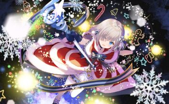 1girl artist_request back_bow belt black_belt black_boots black_choker blue_bow blue_bowtie blue_eyes blue_gloves blue_skirt blunt_bangs boots bow bowtie brooch bubble_skirt capelet casting_spell choker christmas christmas_stocking christmas_tree collarbone dot_nose dress eyelashes eyes_visible_through_hair floating_clothes flower footwear_bow frilled_capelet frilled_skirt frills full_body fur-trimmed_boots fur-trimmed_capelet fur-trimmed_dress fur-trimmed_hood fur_trim game_cg gingerbread_man gloves grey_hair hair_bow hair_flower hair_ornament happy hexagram highres holding holding_staff hood hood_down hooded_capelet isuzu_ren isuzu_ren_(christmas_ver.) jewelry leg_up light_blush light_particles long_dress long_hair magia_record:_mahou_shoujo_madoka_magica_gaiden magic mahou_shoujo_madoka_magica mahou_shoujo_madoka_magica_magia_exedra miniskirt mistletoe night official_alternate_costume official_art one_eye_covered open_mouth outdoors outstretched_arms pantyhose pendant_choker pom_pom_(clothes) print_skirt purple_bow red_capelet red_dress single_stripe skirt skirt_under_dress sky smile snowflake_brooch snowflakes snowman solo sparkle staff star_(sky) star_(symbol) star_print starry_sky striped_belt striped_bow striped_bowtie striped_clothes two-tone_skirt white_flower white_pantyhose white_skirt