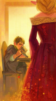 1boy 1girl artzel19 bare_shoulders beer_mug blonde_hair braid brown_hair brown_jacket chair chilchuck_tims commentary cup dress drinking dungeon_meshi highres holding holding_cup hood hooded_jacket jacket long_dress marcille_donato mug off-shoulder_dress off_shoulder pointy_ears red_dress sitting table