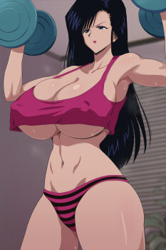 0byte 1girl armpits black_hair breasts cleavage covered_erect_nipples dumbbell exercising highres huge_breasts long_hair magical_taruruuto-kun ooaya_mari panties solo sweat underwear