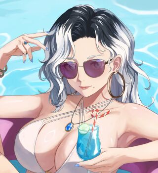 Rule 34 | 1girl, bare shoulders, bikini, black hair, blue nails, breasts, cherng, commission, cup, cupping glass, drinking straw, earrings, highres, holding, holding cup, hoop earrings, jewelry, large breasts, long hair, mole, multicolored hair, nail polish, original, pendant, pink lips, smile, solo, sunglasses, swimsuit, two-tone hair, upper body, white bikini, white hair