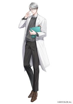1boy adjusting_eyewear aqua_socks black_pants brown_eyes brown_shoes buttons closed_mouth coat collared_shirt copyright_notice full_body glasses grey-framed_eyewear grey_hair grey_sweater highres hitotsubashi_ayato hitotsubashi_ayato_(1st_costume) holding_board id_card lab_coat lapels long_sleeves looking_at_viewer male_focus nijisanji official_art open_clothes open_coat pants riz3 shirt shoes short_hair simple_background socks solo standing striped_clothes striped_socks sweater undercut virtual_youtuber watch white_background white_coat white_shirt wristwatch
