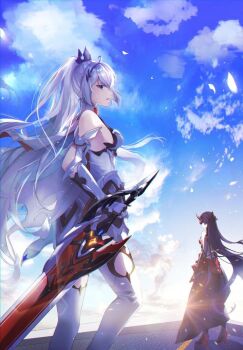 Rule 34 | 2girls, ahoge, armor, armored dress, bad id, bad pixiv id, bare shoulders, blue eyes, blue sky, breasts, cloud, cloudy sky, dress, flare ghkdus, full body, greatsword, holding, holding sword, holding weapon, honkai (series), honkai impact 3rd, horns, kiana kaslana, kiana kaslana (herrscher of flamescion), kneepits, large breasts, long hair, looking at viewer, multiple girls, outdoors, ponytail, purple eyes, purple hair, raiden mei, raiden mei (herrscher of thunder), sideboob, sky, standing, sword, thighhighs, very long hair, weapon, white dress, white hair, white thighhighs