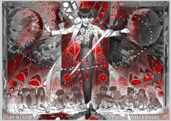 absurdres afterimage annotation_request arguing asuka_ren black_eyes black_hair black_shirt blood bloody_weapon character_request check_character coat colored_extremities demon_horns everyone fine_art_parody floating floating_object floating_sword floating_weapon full_body growing_out_of_body han_myungoh han_sooyoung heterochromia highres horns jung_heewon lee_gilyoung lee_hyunsung lee_jihye lee_sookyung limited_palette looking_at_viewer min_jihyeon_(mimyo) mini_person miniboy minigirl omniscient_reader&#039;s_viewpoint open_clothes open_coat outstretched_arms parody red_eyes see-through_clothes see-through_coat shirt short_hair smirk star_(symbol) sword the_last_supper uriel_(omniscient_reader&#039;s_viewpoint) vivi102828 weapon white_coat white_lily wide_shot yoo_joonghyuk yoo_sangah