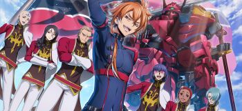 3girls 4boys alexander_(code_geass) arm_up ashley_ashura blue_bodysuit bodysuit character_request code_geass code_geass:_boukoku_no_akito code_geass:_lost_stories f4samurai game_cg highres knightmare_frame mecha multiple_boys multiple_girls official_art open_mouth orange_hair red_eyes robot short_hair smile teeth