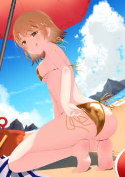 1girl absurdres alternate_costume ass barefoot beach beach_umbrella bikini black_thighhighs blush breasts brown_hair bucket closed_mouth commentary_request day dujianchuang full_body gold_bikini highres horizon isshiki_iroha looking_at_viewer navel ocean outdoors sand shore short_hair side-tie_bikini_bottom sky small_breasts smile soles solo squatting string_bikini swimsuit thighhighs thighs tongue tongue_out umbrella yahari_ore_no_seishun_lovecome_wa_machigatteiru. yellow_eyes