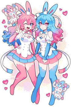2girls :&lt; alternate_color animal_ears blue_eyes blue_hair blue_thighhighs bow breasts cio_(ciosui) cleavage cleavage_cutout clothing_cutout commentary creature_and_personification dual_persona gen_6_pokemon gradient_hair hair_bow heart heart-shaped_pupils highres medium_breasts miniskirt multicolored_hair multiple_girls nintendo one_eye_closed open_mouth personification pink_eyes pink_hair pink_thighhighs pleated_skirt pokemon pokemon_(creature) rabbit_ears shiny_pokemon skirt sylveon symbol-shaped_pupils thighhighs twitter_username v