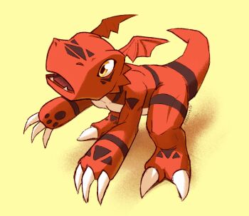 Rule 34 | claws, colored skin, digimon, digimon (creature), guilmon, highres, open mouth, red skin, simple background, solo, tail, yellow background, yellow eyes, zeepfrag