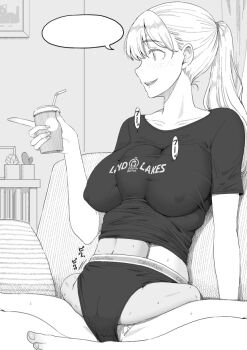 1boy 1girl age_difference between_breasts black_panties blonde_hair breasts covered_erect_nipples crossed_legs cuddling freckles head_between_breasts height_difference hug large_breasts mesugaki monochrome nipples non-web_source onee-shota original osugaki panties ponytail sex shota sitting smile sports_panties sportswear sweat sweatdrop taito0630 underwear vaginal