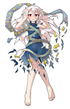 1girl alphes_(style) barefoot blue_dress blush commentary_request crescent dairi defeat dress eye_of_providence fossilized_wonders full_body grey_hair hair_between_eyes hands_up large_variant_set long_hair long_hair_between_eyes parody play_button ribbon_around_body sleeveless sleeveless_dress snake solo star_(symbol) style_parody tachi-e torn_clothes torn_dress touhou triangle variant_set yuiman_asama