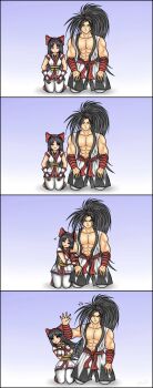 1boy 1girl 4koma absurdres ainu_clothes anger_vein annoyed arm_hug assertive_female black_hair blush breasts closed_eyes comic fingerless_gloves gloves grabbing_another's_arm grey_eyes hair_ribbon hands_on_legs hands_on_own_legs hands_on_own_thighs hands_on_thighs haoumaru happy heart height_difference highres japanese_clothes kneeling long_hair meditation medium_breasts muscular muscular_male nakoruru one_eye_closed pants ponytail rejection ribbon samurai_spirits smile smug snk the_king_of_fighters the_king_of_fighters_xv