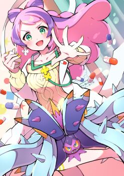 1girl :d absurdres blush coat commentary_request earrings gen_7_pokemon green_eyes highres holding jewelry long_hair looking_at_viewer miriam_(pokemon) nail_polish nintendo open_clothes open_coat open_mouth pill pink_hair pokemon pokemon_(creature) pokemon_sv pon_yui smile spread_fingers sweater toxapex yellow_nails yellow_sweater