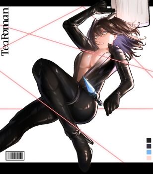 1girl artist_name barcode black_bodysuit bodysuit breasts briefcase brown_dust_(series) brown_dust_2 brown_eyes brown_hair cleavage color_guide dagger hair_between_eyes high_heels holding holding_briefcase knife large_breasts laser latex latex_bodysuit lipstick looking_to_the_side makeup medium_hair open_mouth partially_unzipped scheherazade_(brown_dust) scheherazade_(code_name_s)_(brown_dust) simple_background skin_tight solo stiletto_heels tearoman underboob weapon white_background