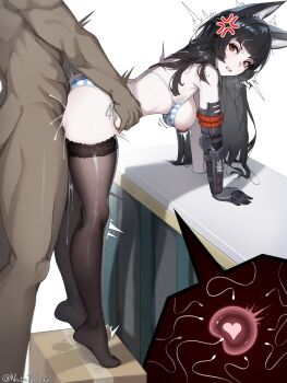 1boy 1girl absurdres alternate_costume anger_vein angry animal_ear_fluff animal_ears artist_name bent_over bikini bikini_pull black_hair black_thighhighs blue_bikini box breasts cardboard_box clenched_teeth clothes_pull cross-section cum cum_overflow dark-skinned_male dark_skin emotionless_sex fertilization from_side hands_on_another&#039;s_waist heart hetero highres horizontal-striped_bikini hoshimi_miyabi huge_filesize impregnation interracial large_breasts long_hair looking_at_viewer looking_to_the_side mechanical_arms multicolored_bikini natatheknife nipples no_shoes on_box ovum red_eyes sex sex_from_behind side-tie_bikini_bottom simple_background single_mechanical_arm sperm_cell standing standing_on_box standing_sex striped_bikini striped_clothes swimsuit table teeth thighhighs tiptoes turning_head white_background white_bikini wolf_ears zenless_zone_zero