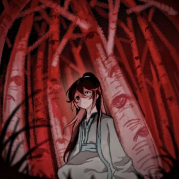 1boy aged_down birch_tree black_eyes black_hair blank_stare blue_eyes blue_trim chinese_clothes chinese_commentary commentary_request eye_print forest from_below grass hair_between_eyes hair_over_shoulder hanfu heterochromia high_ponytail highres hong_lu_(project_moon) horror_(theme) jcm20040808 limbus_company long_hair male_focus nature official_alternate_costume ponytail project_moon seiza short_hair sitting solo too_many_eyes tree very_long_hair white_hanfu