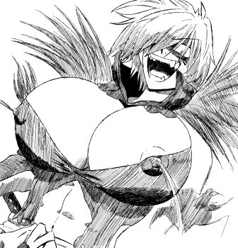 1girl belly breasts covered_erect_nipples fang female_focus gutsbro14 hair_between_eyes hair_over_one_eye huge_breasts japanese_clothes lactation looking_at_viewer manyuu_hikenchou manyuu_kagefusa milk naughty_face nipples open_mouth short_hair simple_background sketch smug solo sword weapon white_background