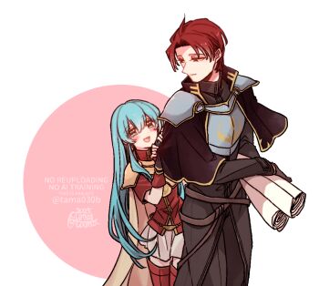 Rule 34 | 1boy, 1girl, 2025, aqua eyes, aqua hair, armor, behind another, black capelet, black shirt, blush, boots, breastplate, cape, capelet, closed mouth, commentary request, cowboy shot, eirika (fire emblem), fire emblem, fire emblem: the sacred stones, gloves, grey armor, hetero, high collar, holding, holding map, long hair, long sleeves, map, map (object), miniskirt, nintendo, open mouth, parted bangs, pink background, pulling another's clothes, red boots, red eyes, red gloves, red hair, red shirt, sayu030b, seth (fire emblem), shirt, short hair, short sleeves, shoulder armor, skirt, standing, thigh boots, thighhighs, twitter username, two-tone background, watermark, white background, white skirt, yellow armor, yellow cape, zettai ryouiki
