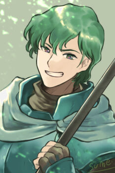 Rule 34 | 1boy, arkis (tear ring saga), armor, artist name, cape, fingerless gloves, gloves, green eyes, green hair, grey background, lance, polearm, solo, sparkle, sumeragi (black rose), tear ring saga, tear ring saga: yutona eiyuu senki, teeth, weapon