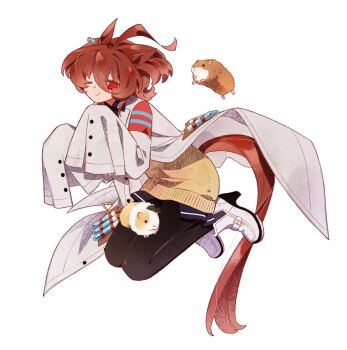 1girl agnes_tachyon_(tach-nology)_(umamusume) agnes_tachyon_(umamusume) ahoge animal_ears black_pantyhose brown_hair chemical_structure closed_mouth coat cork doggwa earrings guinea_pig hair_between_eyes highres horse_ears horse_girl horse_tail jewelry lab_coat long_sleeves necktie one_eye_closed pantyhose red_eyes shoes simple_background single_earring sleeves_past_fingers sleeves_past_wrists smile sweater sweater_vest tail test_tube umamusume white_background white_coat wolf_cut yellow_sweater yellow_sweater_vest