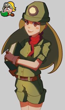 arm_across_waist belt blonde_hair blush book brown_eyes fang gloves goomba goombella headlamp helmet holding long_sleeves looking_at_viewer mario_(series) nintendo paper_mario paper_mario:_the_thousand-year_door personification pith_helmet rolled_up_pantslegs scarf simple_background splashbrush yaeba