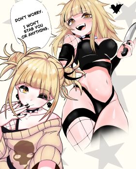Rule 34 | 1girl, absurdres, alternate costume, asymmetrical sleeves, black eyeshadow, black shirt, black streaks, black thighhighs, blonde hair, blush, boku no hero academia, breasts, collar, commentary, double bun, earrings, eclipxare, english commentary, english text, eyeshadow, fangs, fishnet sleeves, fishnet thighhighs, fishnets, goth fashion, hair bun, hand on own face, heart, highres, holding, holding knife, jewelry, knife, long sleeves, looking at viewer, makeup, medium breasts, medium hair, messy hair, mismatched sleeves, mismatched thighhighs, multicolored hair, multiple girls, navel, off-shoulder sweater, off shoulder, one eye closed, open mouth, patreon username, shirt, simple background, skull earrings, skull print, smile, speech bubble, spiked collar, spikes, star (symbol), streaked hair, sweater, thighhighs, thighs, toga himiko, white background, yellow eyes