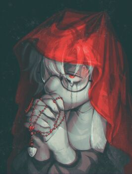 1boy alternate_universe beads black_background black_veil crying delta_rune_(symbol) deltanoir deltarune furry furry_male goat_boy highres holding holding_rosary hood horns makeup nun nun_headdress own_hands_clasped own_hands_together prayer_beads praying ralsei red_eyes red_hood rosary runny_makeup simple_background solo streaming_tears tears thelostmoongazer traditional_nun utdr_(toby_fox) veil white_fur