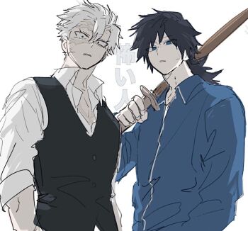 2boys alternate_costume black_hair black_vest blue_eyes blue_jacket holding holding_sword holding_weapon jacket kimetsu_no_yaiba looking_at_viewer low_ponytail male_focus multiple_boys parted_lips ponytail scar scar_on_face shinazugawa_sanemi shirt simple_background spiked_hair sword teeth tomioka_giyuu translation_request upper_body vest weapon white_background white_hair white_shirt wooden_sword yamakadatoomota