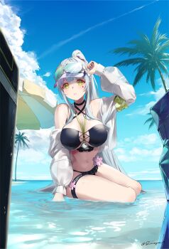 1girl absurdres adjusting_eyewear armband artist_name beach_umbrella between_breasts bikini black_bikini blue_sky blush breasts cloud cloudy_sky commentary_request countdown_timer eyewear_on_head flower full_body girls&#039;_frontline girls&#039;_frontline_2:_exilium green_armband green_eyes grey_hair highres hk416_(girls&#039;_frontline) jacket klukai_(cerulean_breaker)_(girls&#039;_frontline_2) klukai_(girls&#039;_frontline_2) large_breasts long_hair looking_at_viewer official_alternate_costume open_clothes open_jacket open_mouth palm_tree partially_submerged pink_flower ponytail s-masa_7131 see-through_clothes see-through_jacket sitting sky solo sunglasses swimsuit tattoo teardrop_facial_mark teardrop_tattoo thigh_strap tree twitter_username umbrella visor_cap white_mouth